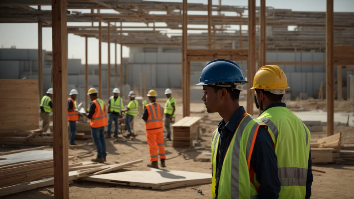 Construction workers at a construction site organize based on information taken from RFI software