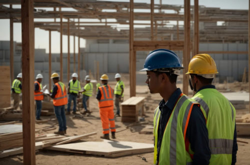 Construction workers at a construction site organize based on information taken from RFI software
