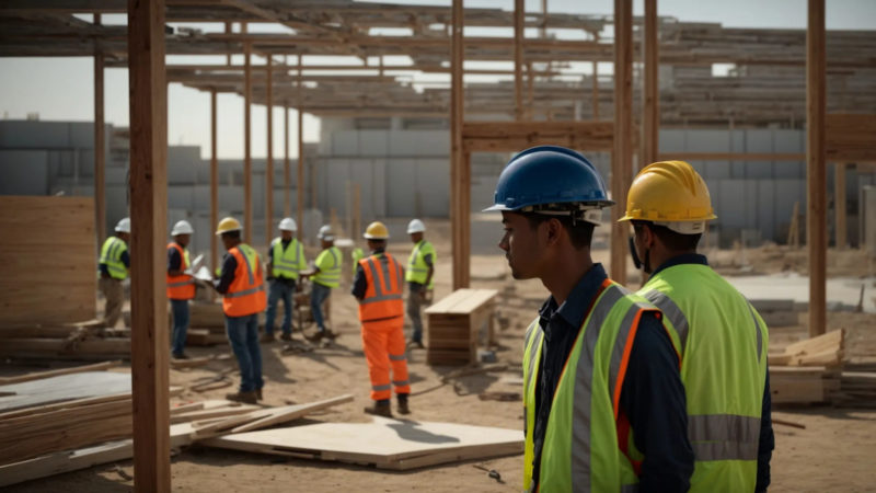 Construction workers at a construction site organize based on information taken from RFI software